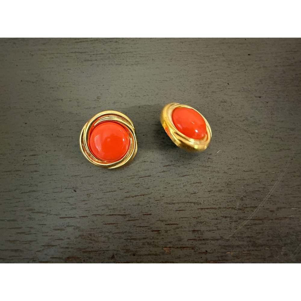 Vintage Orange Cabochon Gold Tone Swirl Stud Earrings Statement Jewelry 1 Inch